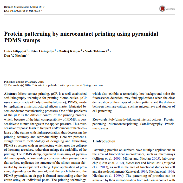 Protein patterning by microcontact printing using pyramidal PDMS stamps